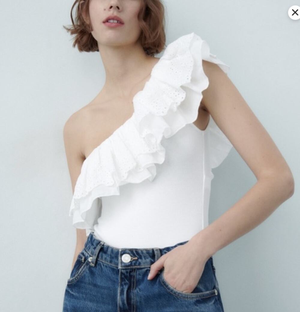 Zara White Asymmetric Ruffle Eyelet Embroidered Neckline Bodysuit Top Size Small